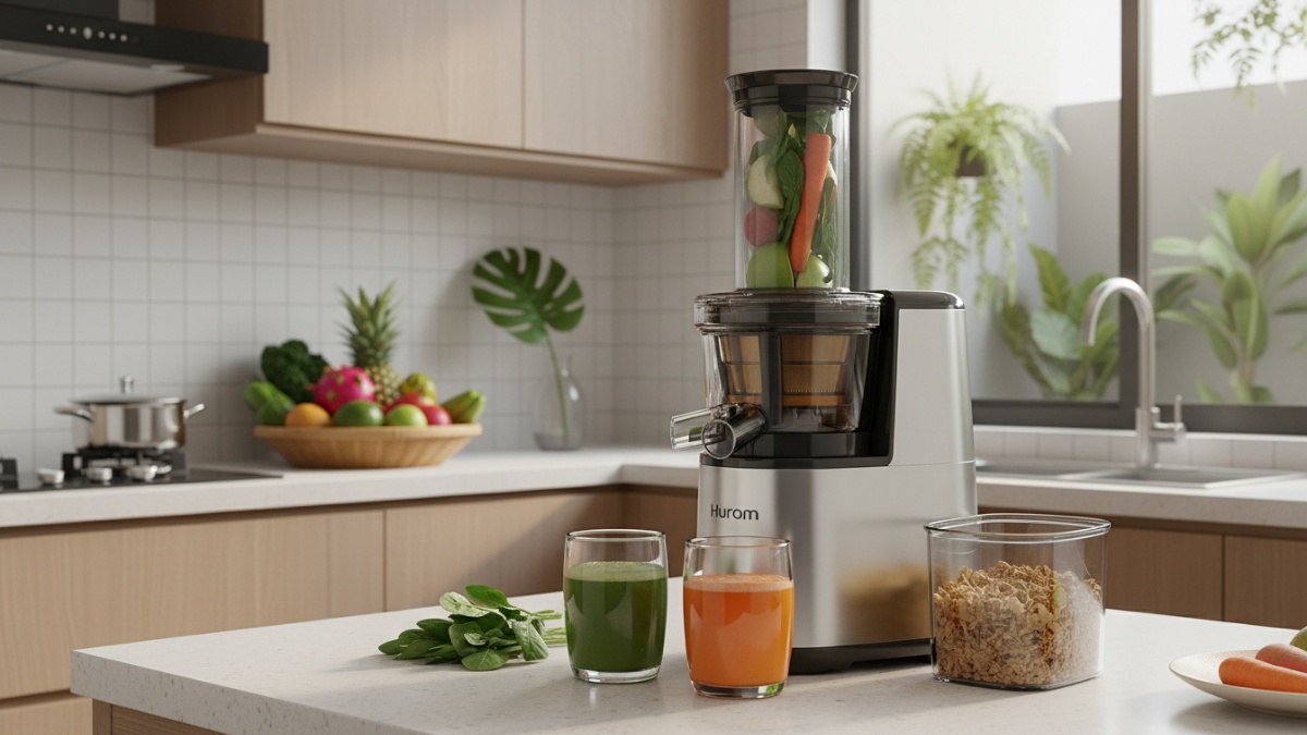 Perbandingan slow juicer dan juicer biasa di meja dapur