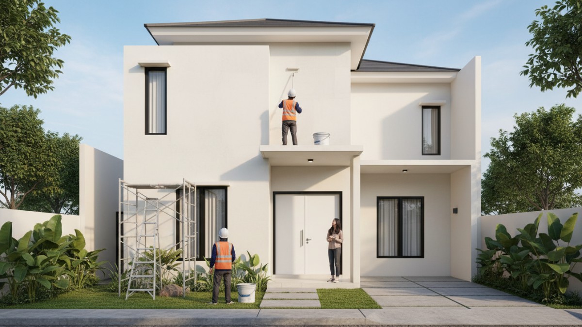 Aplikasi coating elastomeric pada dinding luar rumah dua lantai. 