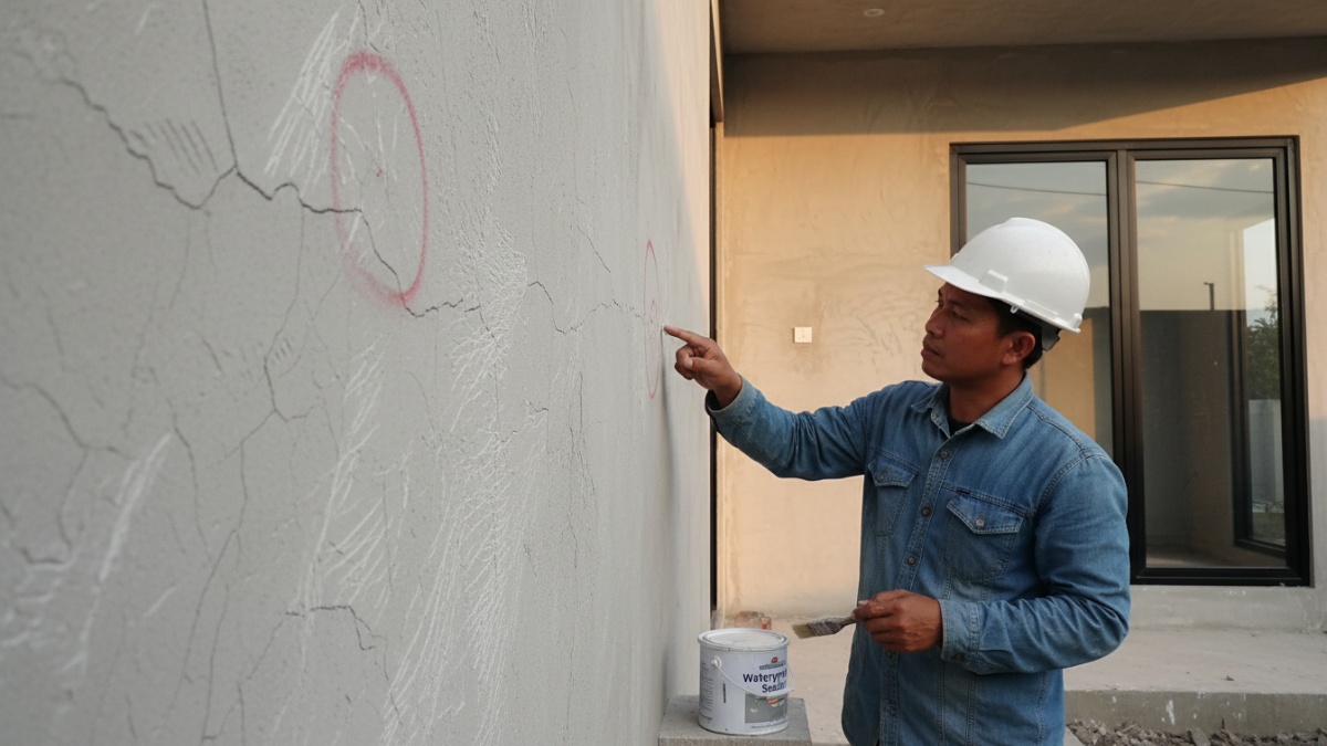 Retak rambut pada plester yang perlu ditutup sebelum waterproofing. 