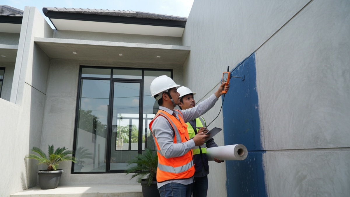 Proses pengukuran ketebalan lapisan waterproofing di dinding. 