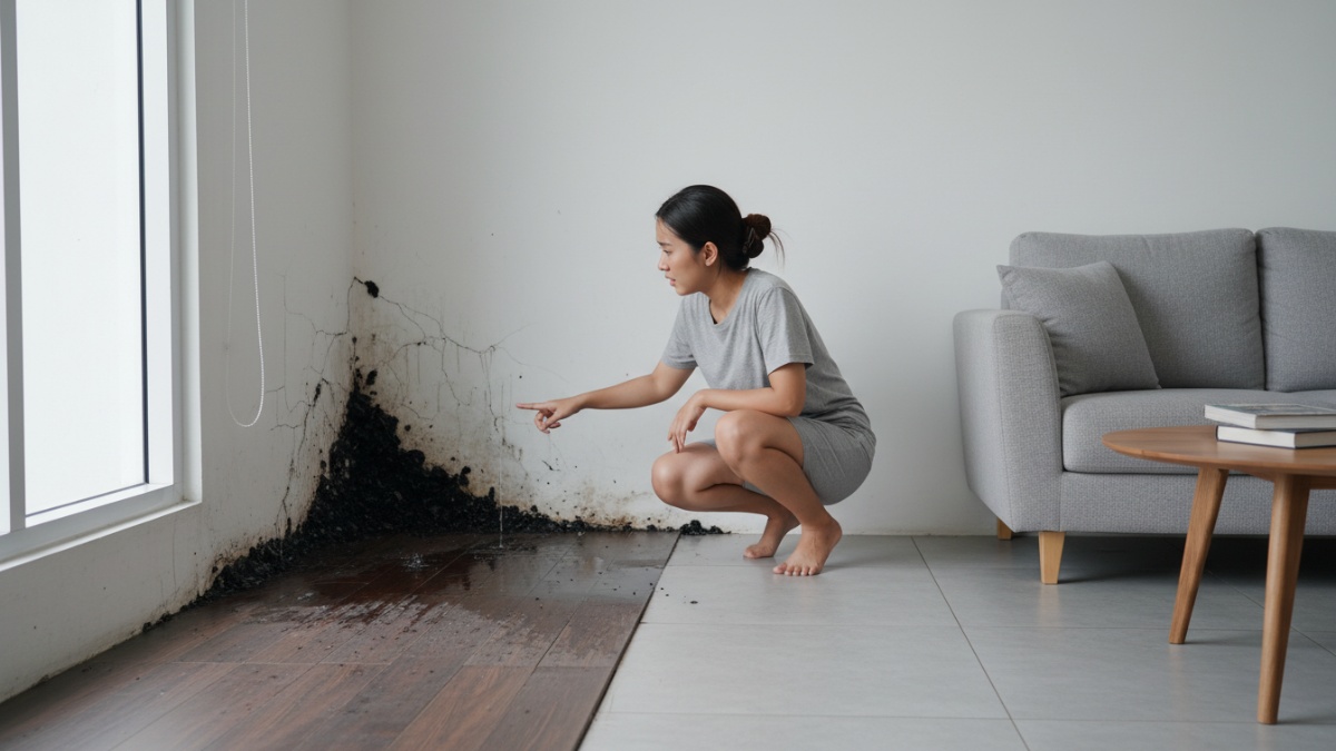 Jamur hitam pada sudut ruangan akibat rembes air. 