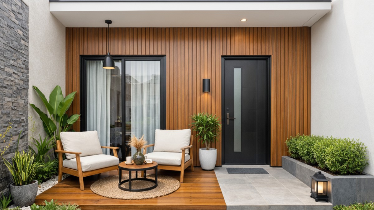 Teras rumah modern dengan dinding panel kayu vertikal sintetis di fasad rumah.