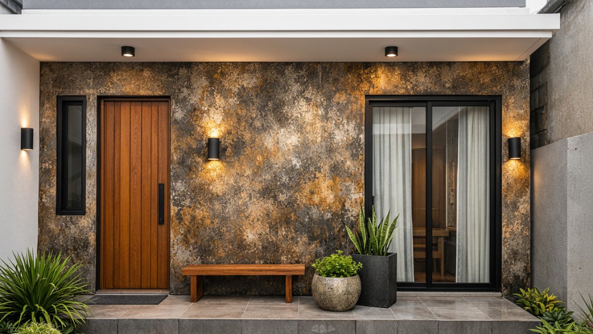 Dinding teras rumah modern dengan cat tekstur.