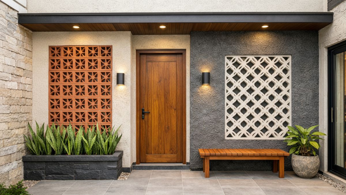 Dinding teras rumah modern dengan roster dan cat tekstur.