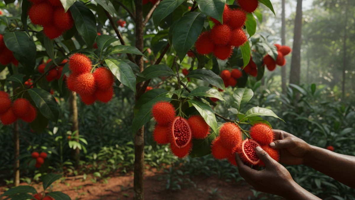 Pohon kesumba keling tropis dengan buah merah berduri yang siap dipanen.