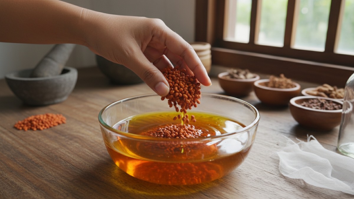 Proses merendam biji annatto dalam minyak untuk menghasilkan warna alami.