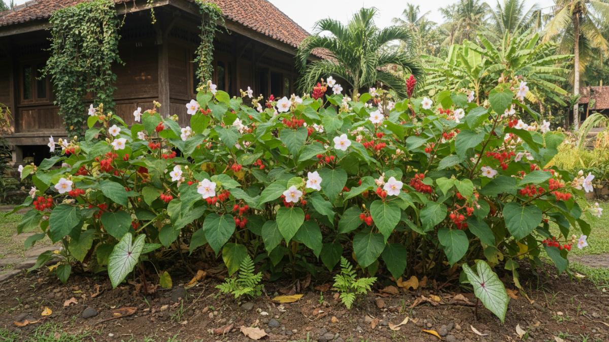 Tanaman kesumba keling tumbuh di pekarangan rumah tropis.