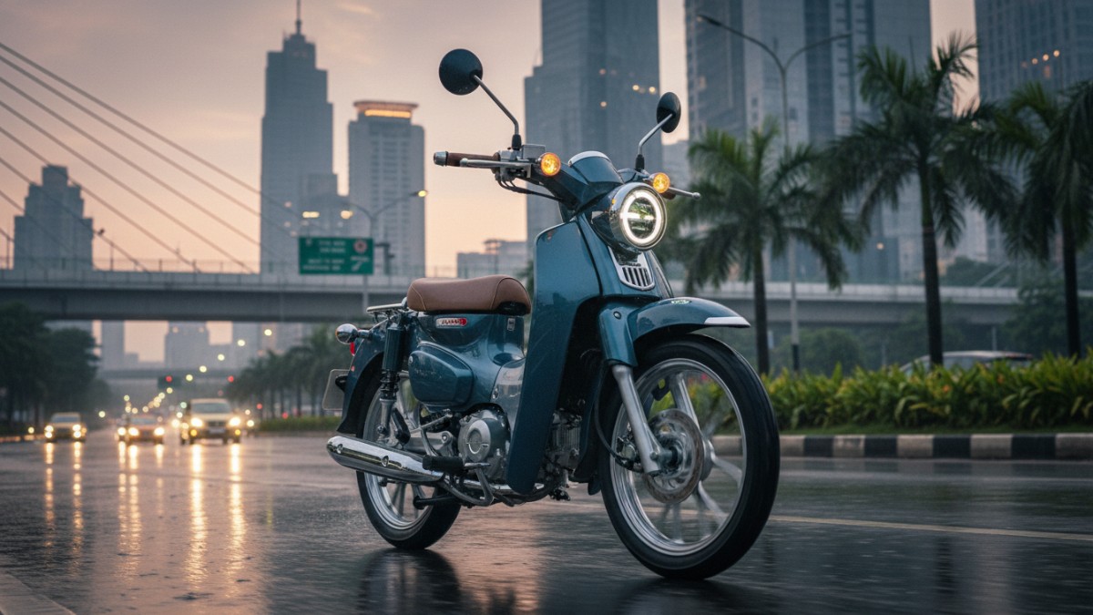 Tampilan terbaru Honda Super Cub C125 2026 dengan lampu LED modern di jalan kota.