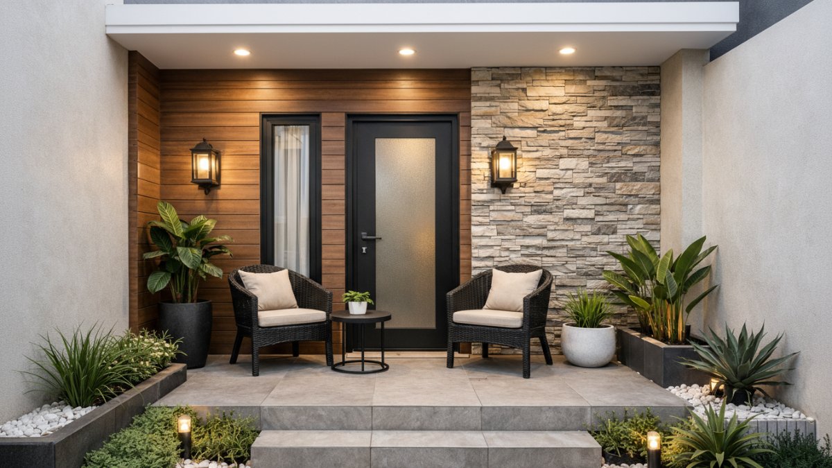Teras rumah modern dengan dinding kayu sintetis dan batu alam tipis.
