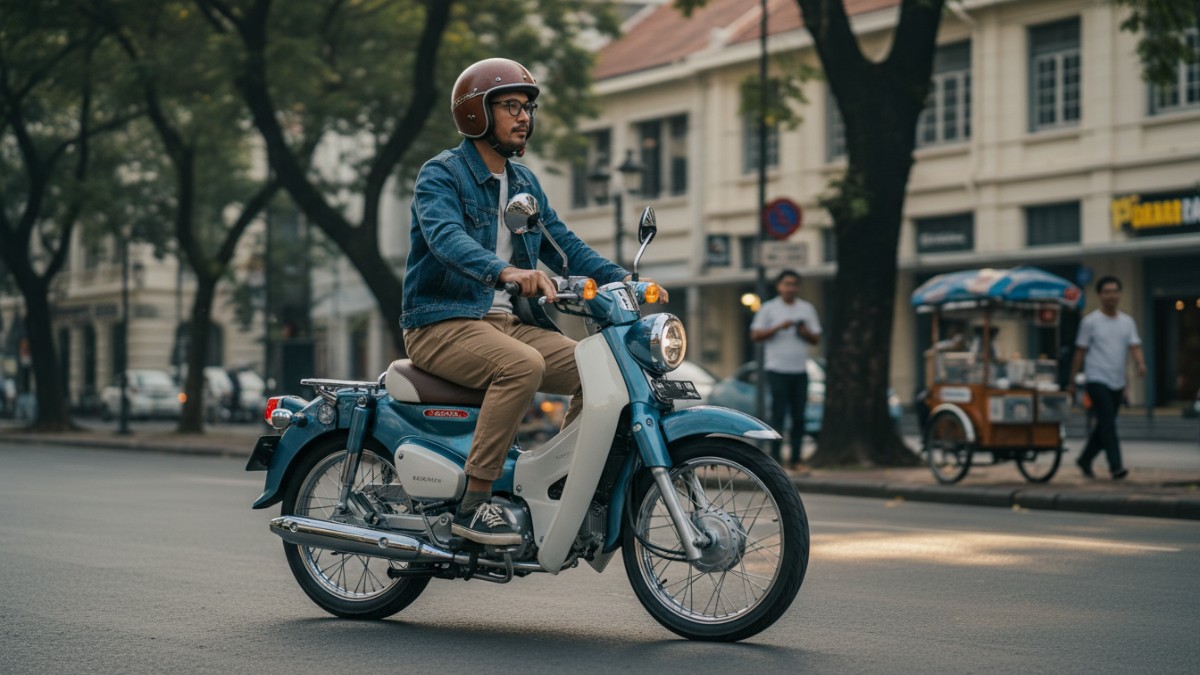 Motor klasik modern digunakan berkendara santai di kawasan perkotaan.