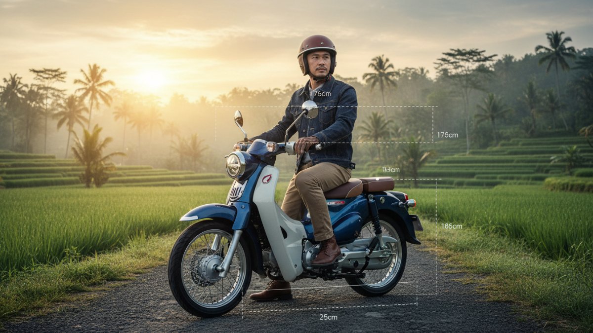 Ilustrasi ukuran dan posisi duduk ergonomis motor 125 cc.