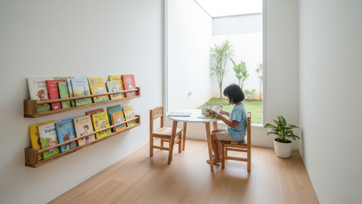 Sudut belajar kecil dengan rak rendah dan buku cerita anak. 