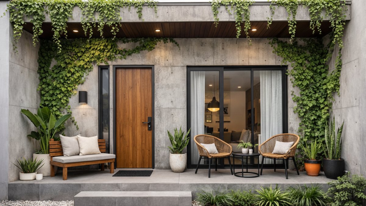 Teras rumah modern dengan dinding beton ekspos dan tanaman rambat.
