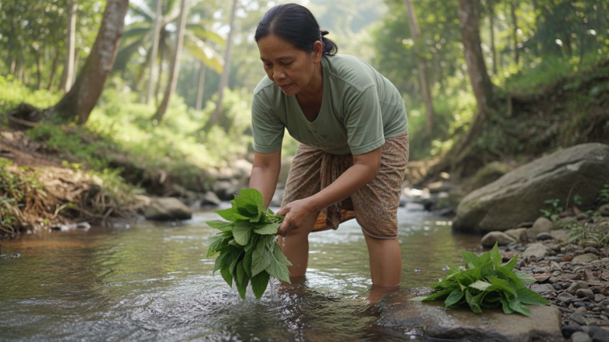 Proses mencuci daun tembelekan sebelum diolah menjadi ramuan tradisional.