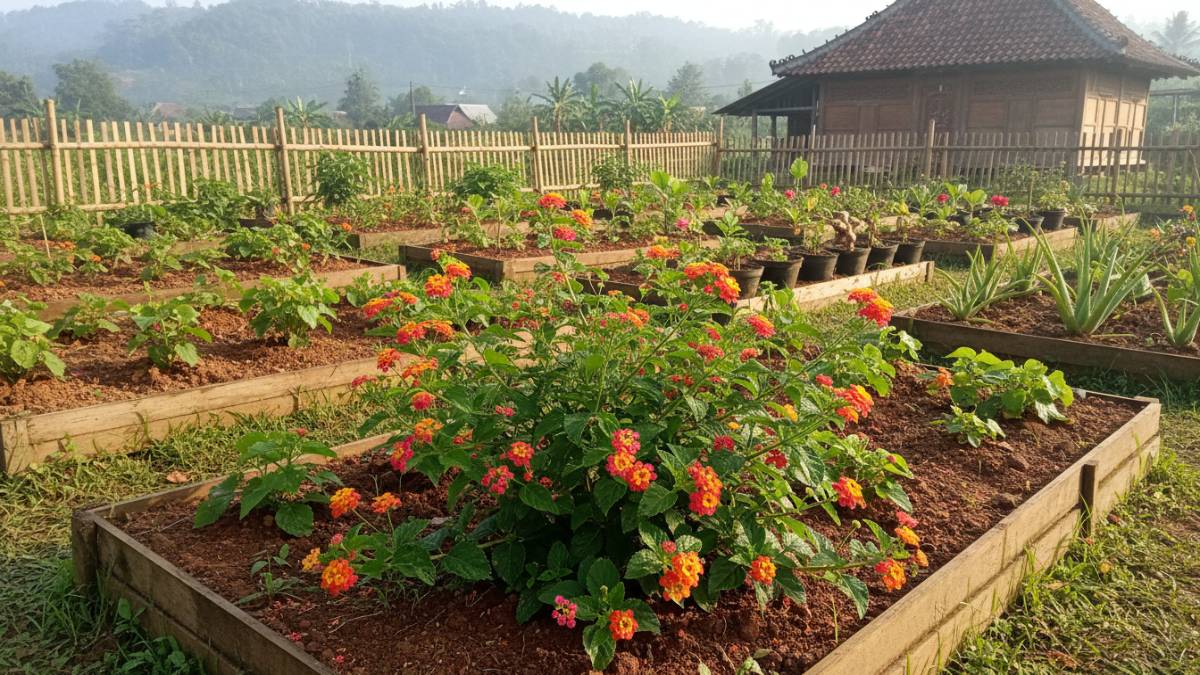 Kebun tanaman obat keluarga dengan tembelekan sebagai salah satu koleksi.