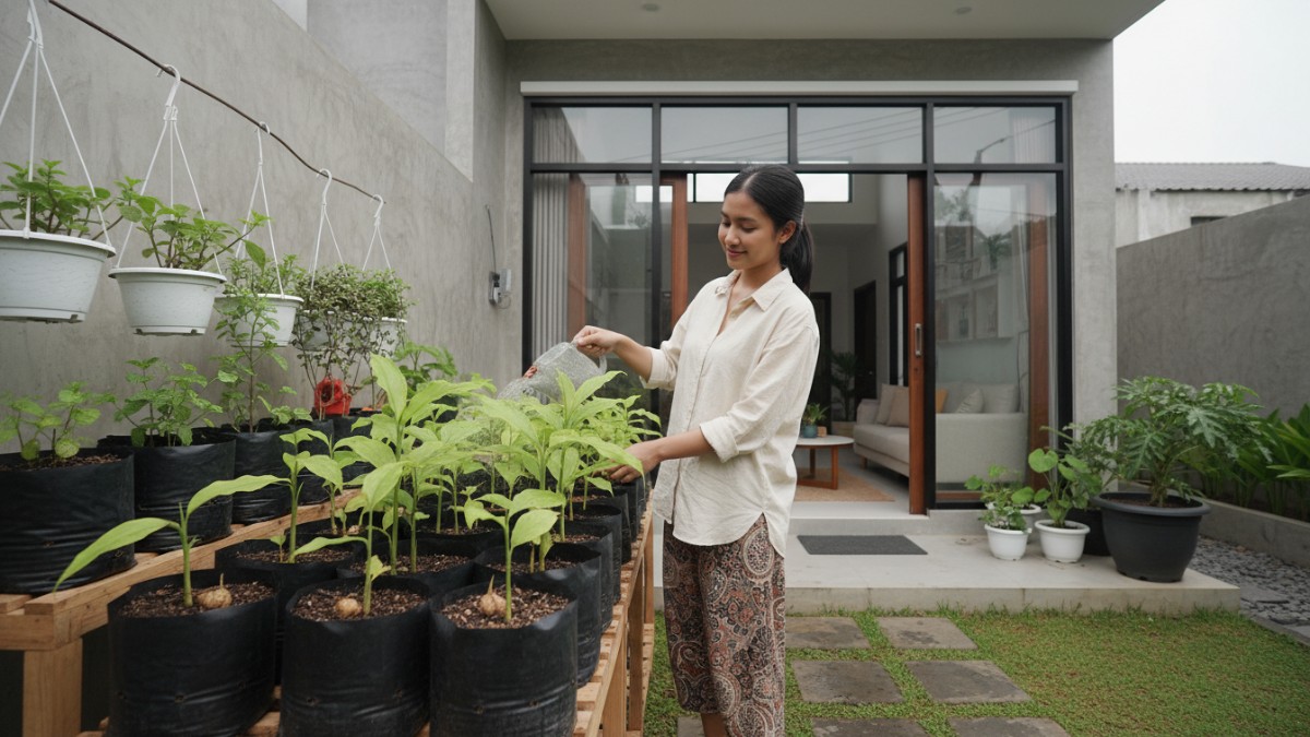 Polybag jahe tumbuh subur di pekarangan rumah dengan media gembur
