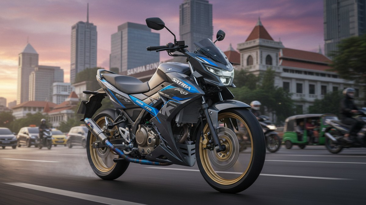 Detail panel dan bodi Satria Pro 2026 di jalan perkotaan.