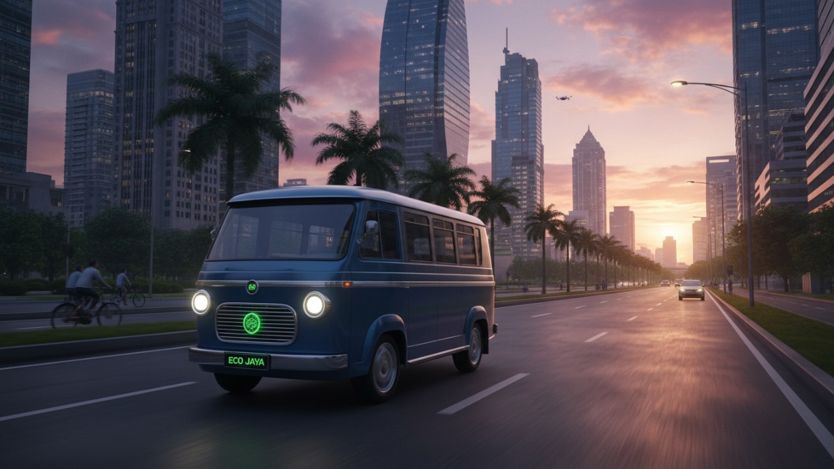 Mobil listrik bergaya klasik melintas di jalan kota modern, simbol perpaduan nostalgia dan teknologi ramah lingkungan.
