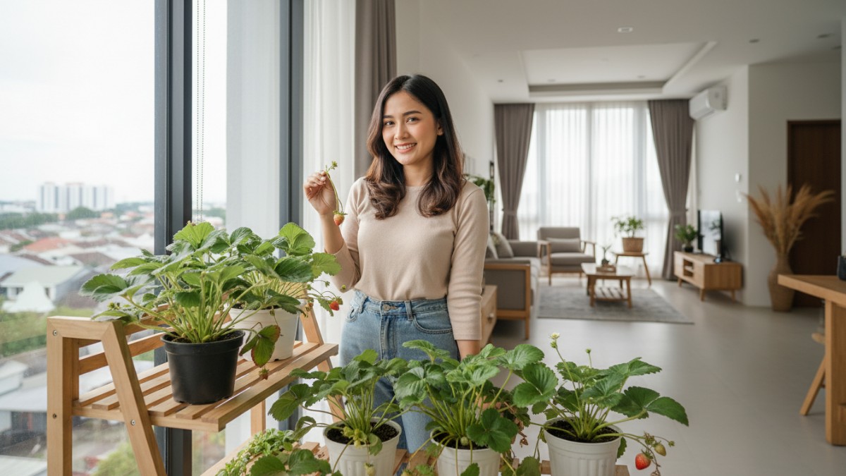 Pot stroberi rumahan mulai berbuah di pekarangan terang