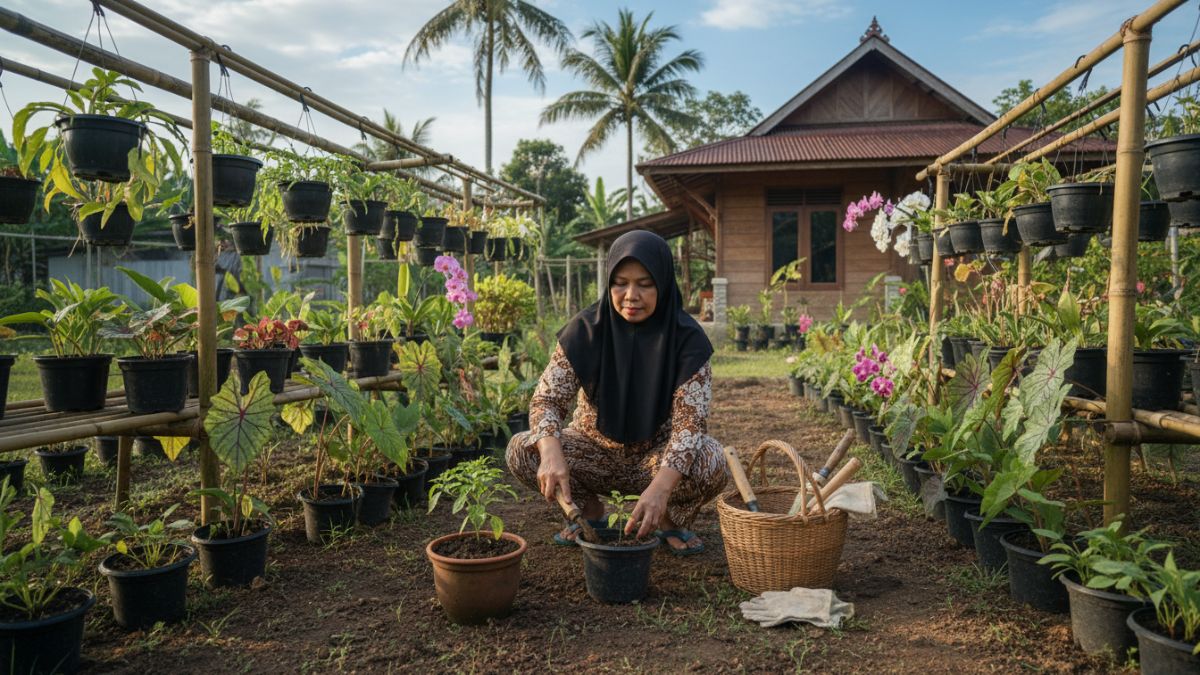 Aktivitas berkebun rumah di pekarangan tropis Balikpapan dengan peralatan sederhana.