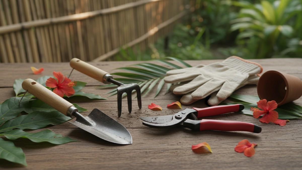 Set alat berkebun dasar seperti sekop tangan dan gunting tanaman.
