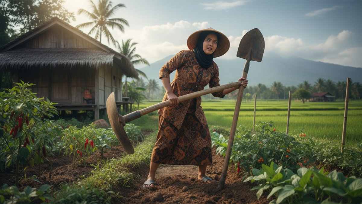 Contoh kesalahan memilih alat berkebun yang terlalu besar.