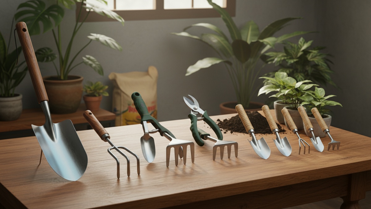 Perbandingan ukuran dan bahan alat berkebun tahan karat.