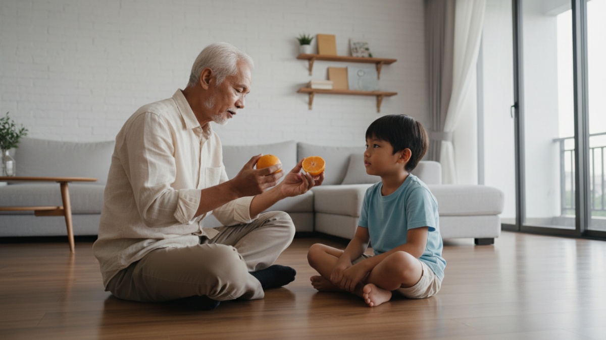 Orang tua menjelaskan analogi sederhana kepada anak tentang awal bulan.