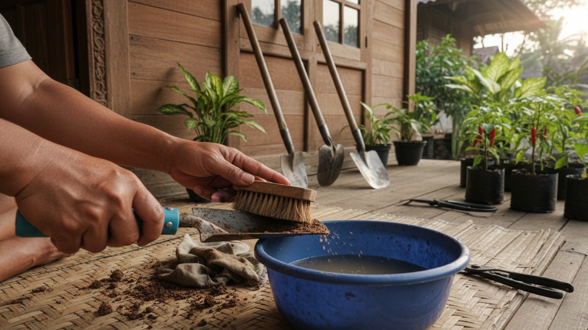 Proses membersihkan alat berkebun setelah digunakan.