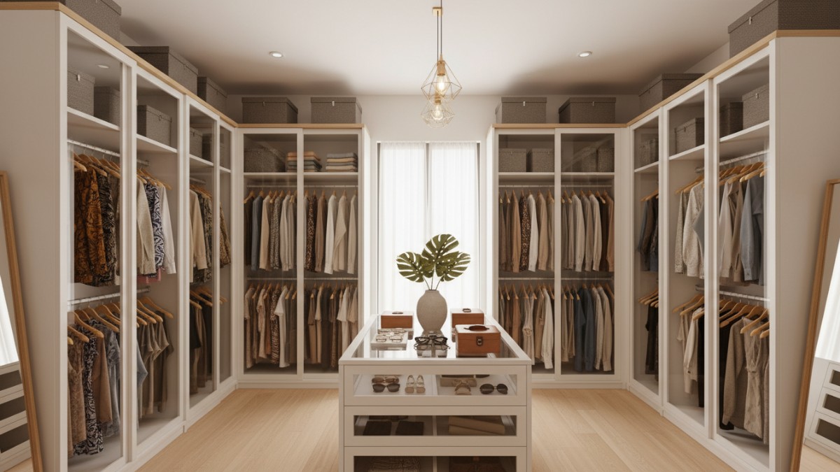 Ruang wardrobe minimalis rapi dengan pencahayaan hangat