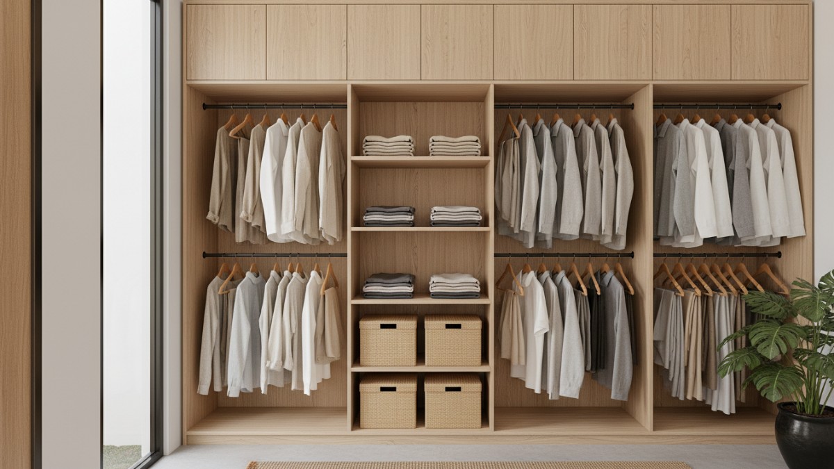 Wardrobe dengan hanger seragam dan warna konsisten