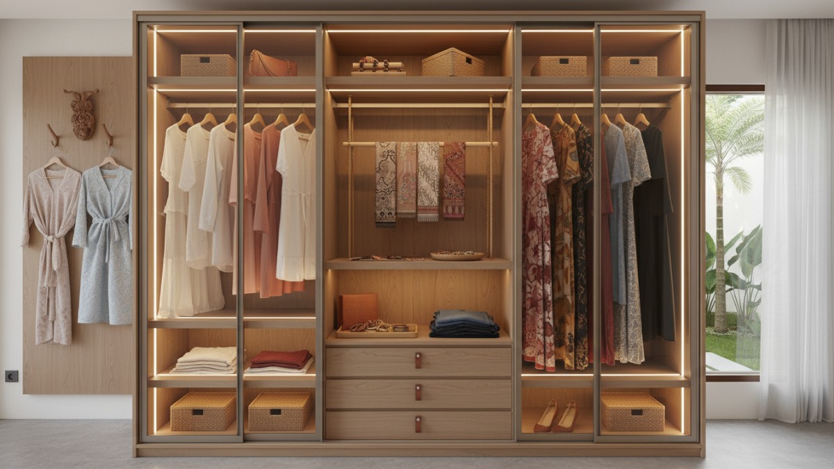 Ilustrasi ventilasi dan pencahayaan lemari dan Wardrobe gaya butik dengan lampu LED rak
