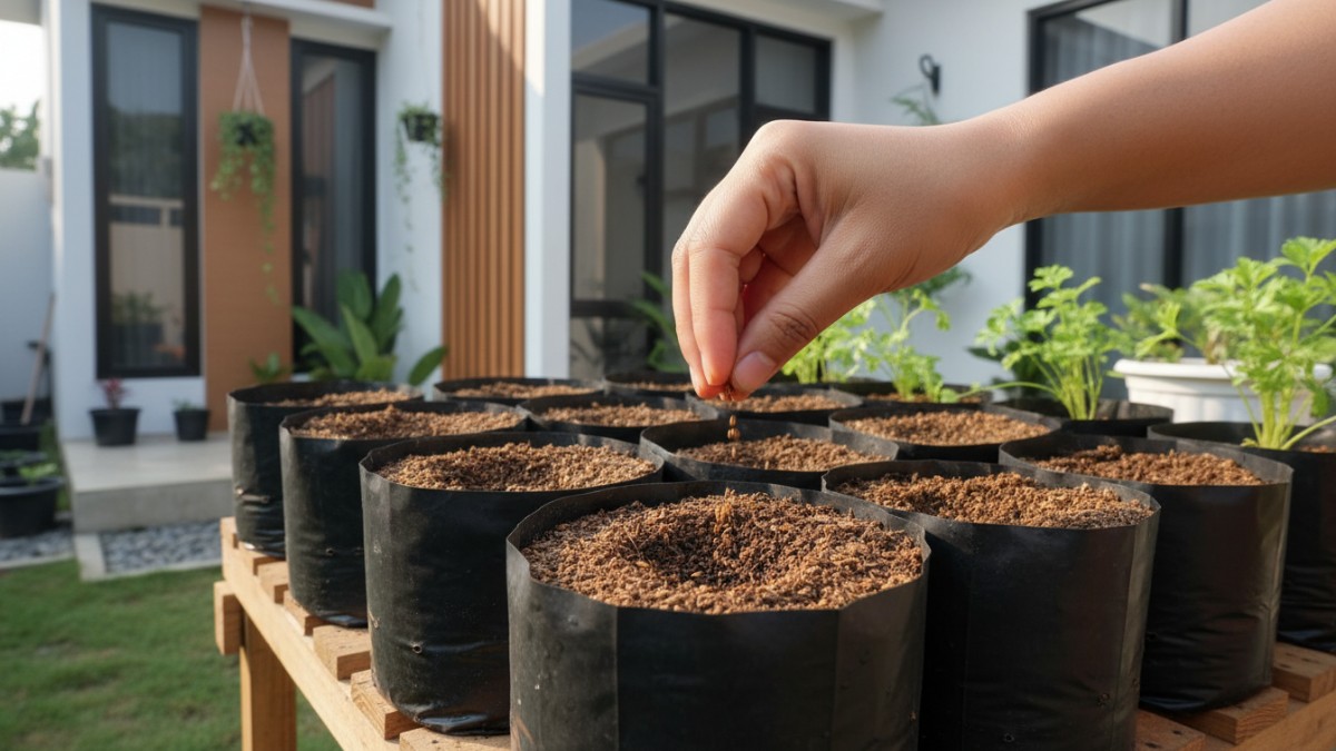 Penyemaian benih seledri di wadah kecil