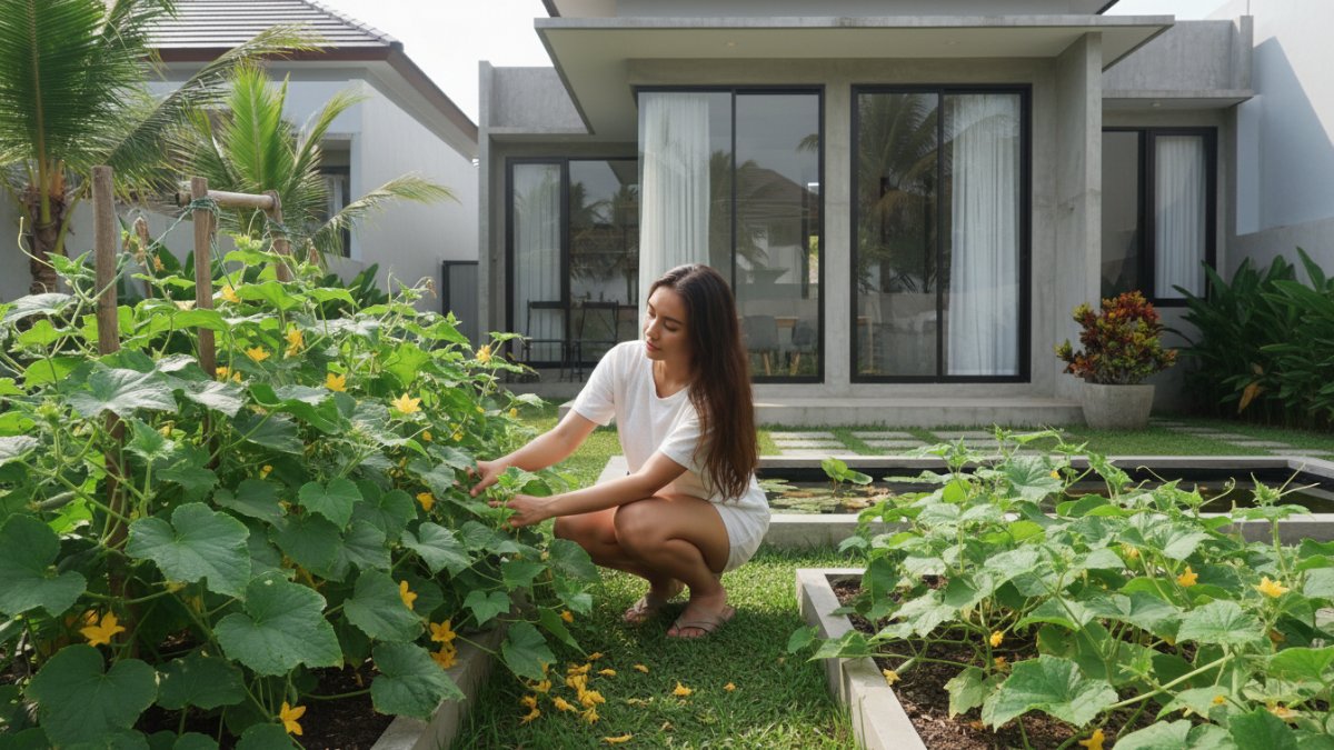 Tanaman mentimun rambat dengan buah lebat di pekarangan rumah tropis