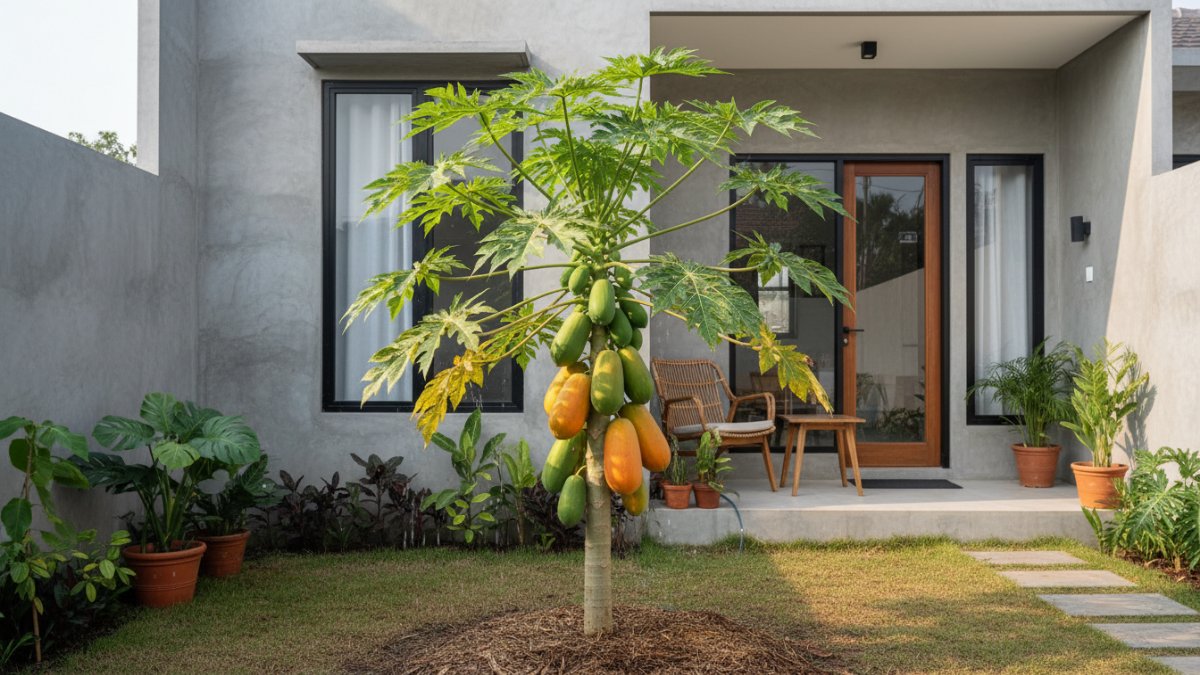 Pohon pepaya California berbuah di halaman rumah tropis dengan sinar matahari penuh