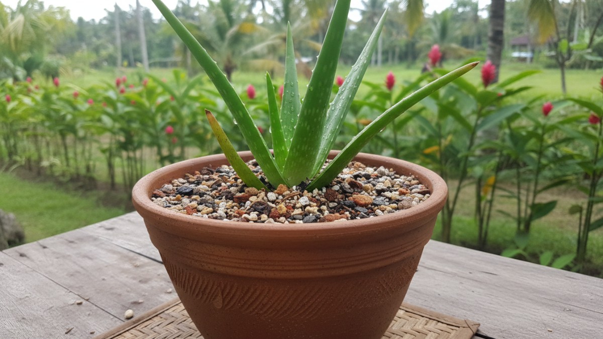 Pot diameter sedang dengan media tanam porous untuk Aloe vera.