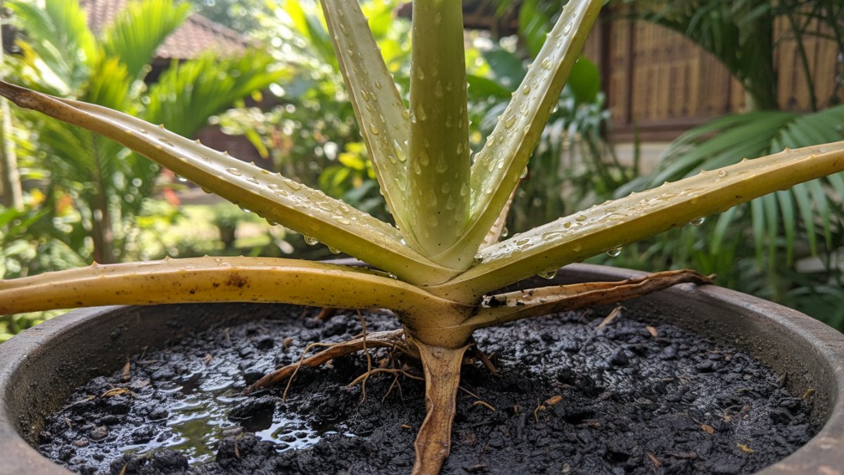 Contoh daun lidah buaya menguning akibat kelebihan air.