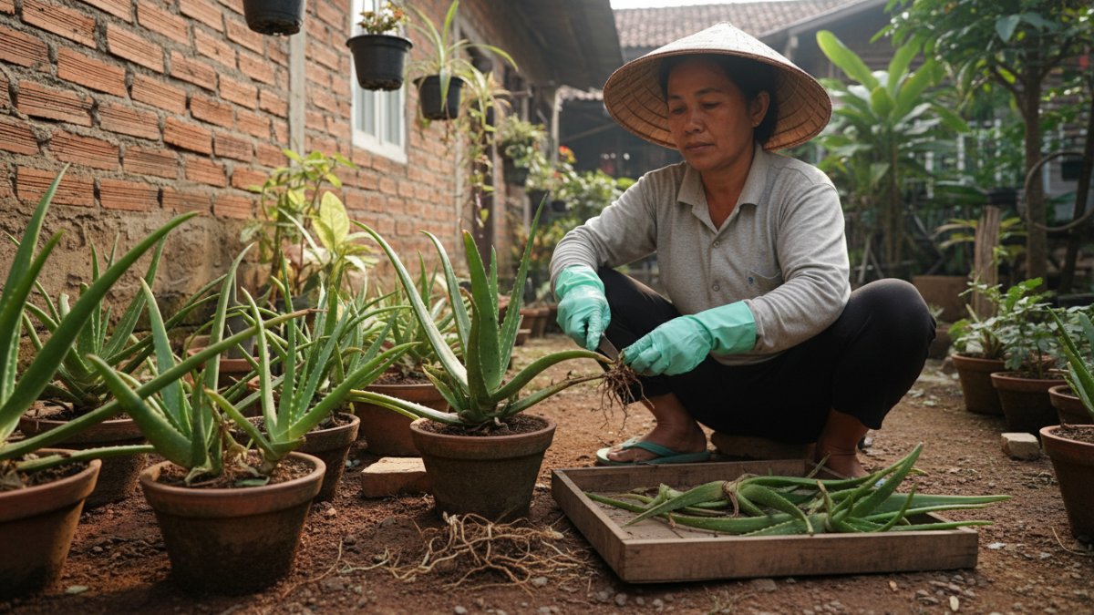 Proses pemisahan anakan lidah buaya untuk perbanyakan.