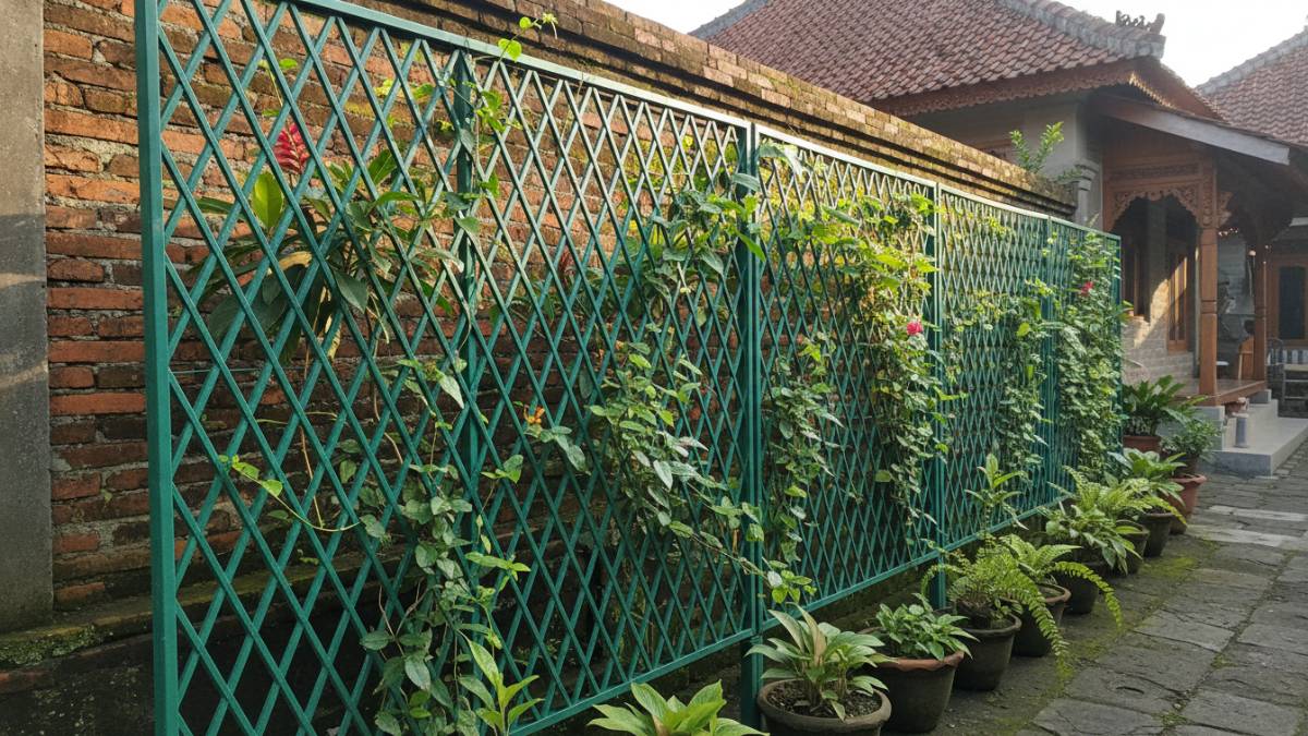 Panel pagar wajik plastik dengan ukuran standar untuk dekorasi vertikal.
