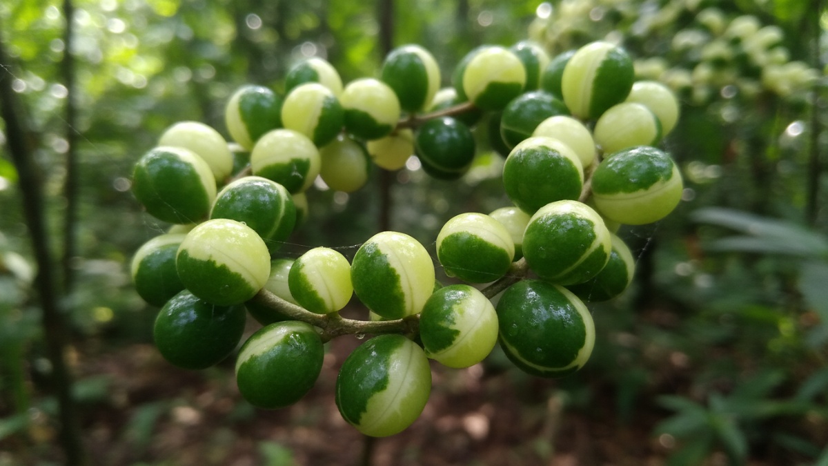 Detail daun bulat variegata menyerupai tasbih hijau krem.