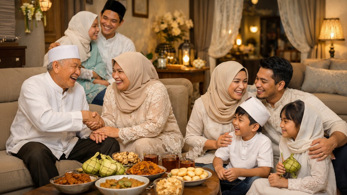 Suasana keluarga berkumpul saat Lebaran menggambarkan hangatnya tradisi kebersamaan.