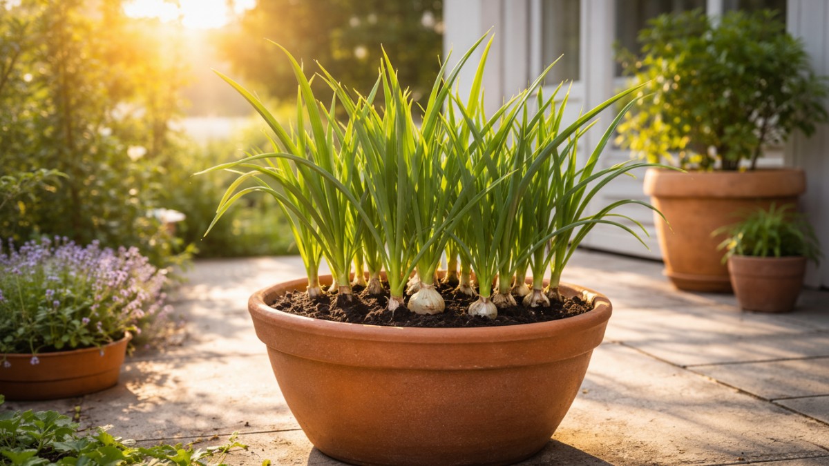 Pot bawang putih tumbuh subur di teras rumah dengan sinar matahari pagi.