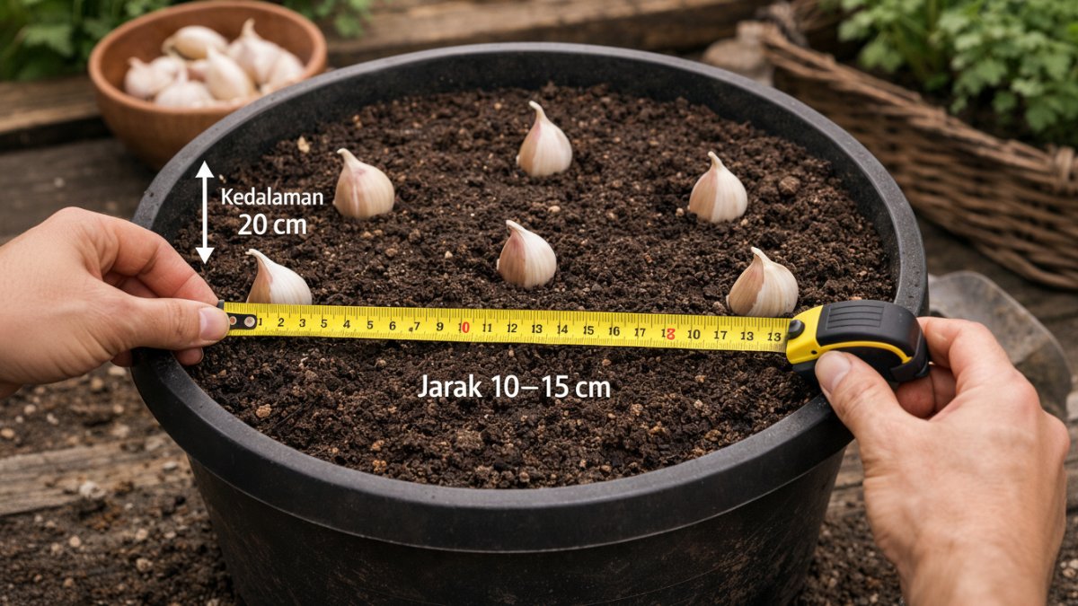 Pengukuran jarak tanam bawang putih di pot.