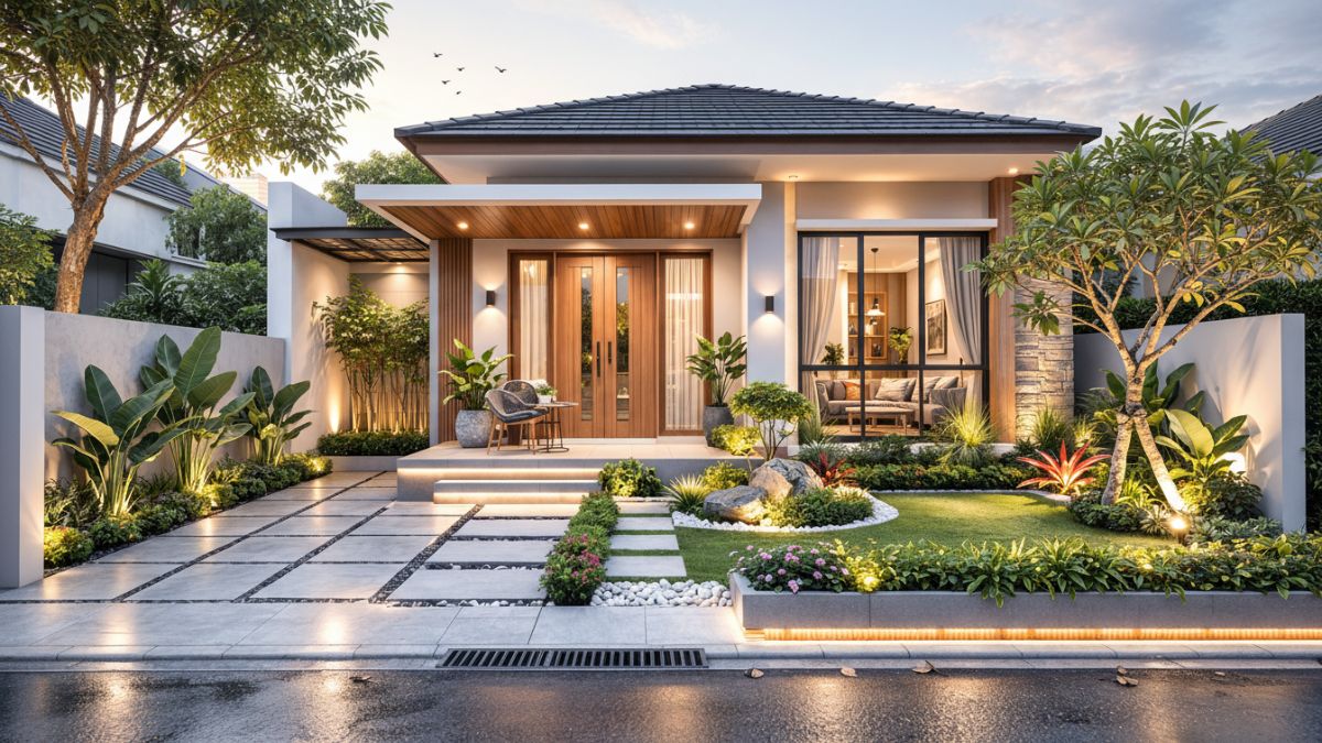 Halaman rumah modern tanpa pagar dengan pembatas tanaman rendah.