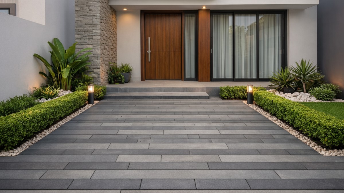 Pola paving horizontal untuk efek luas.