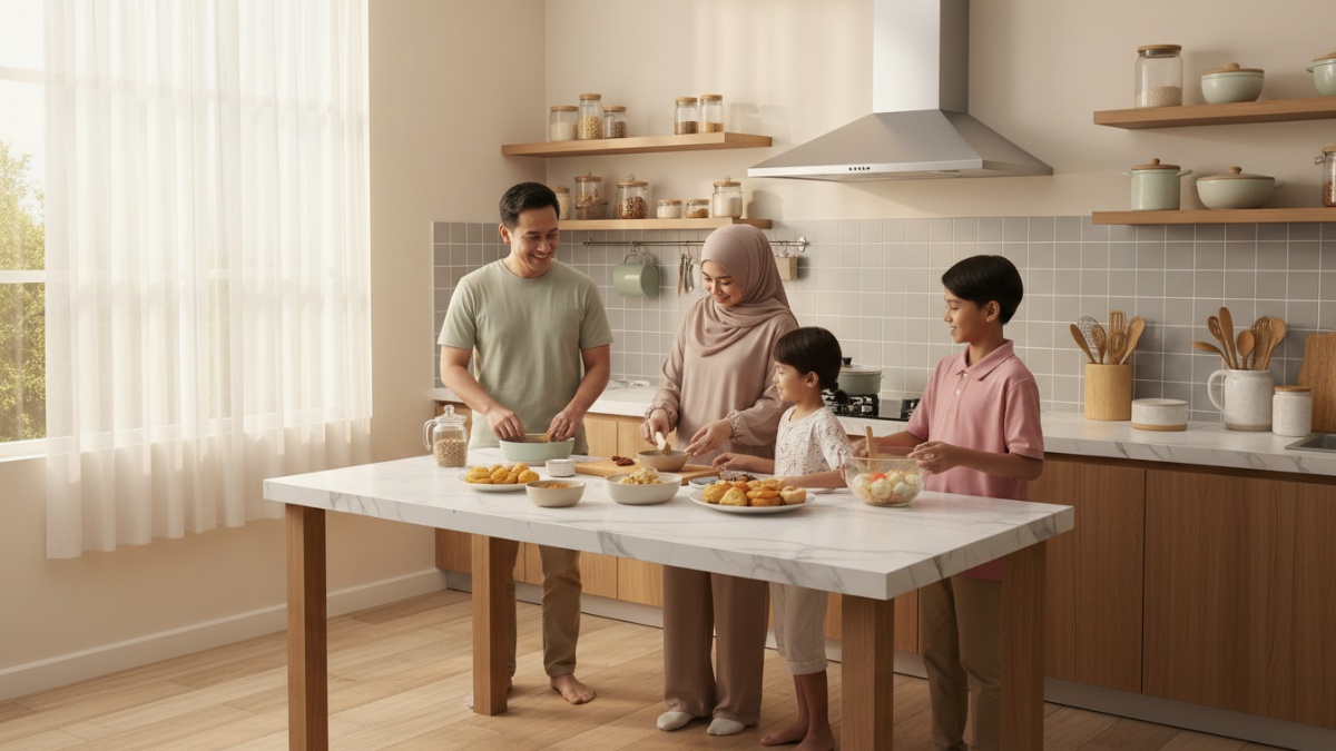 Keluarga berbincang santai di dapur sambil menyiapkan hidangan berbuka.