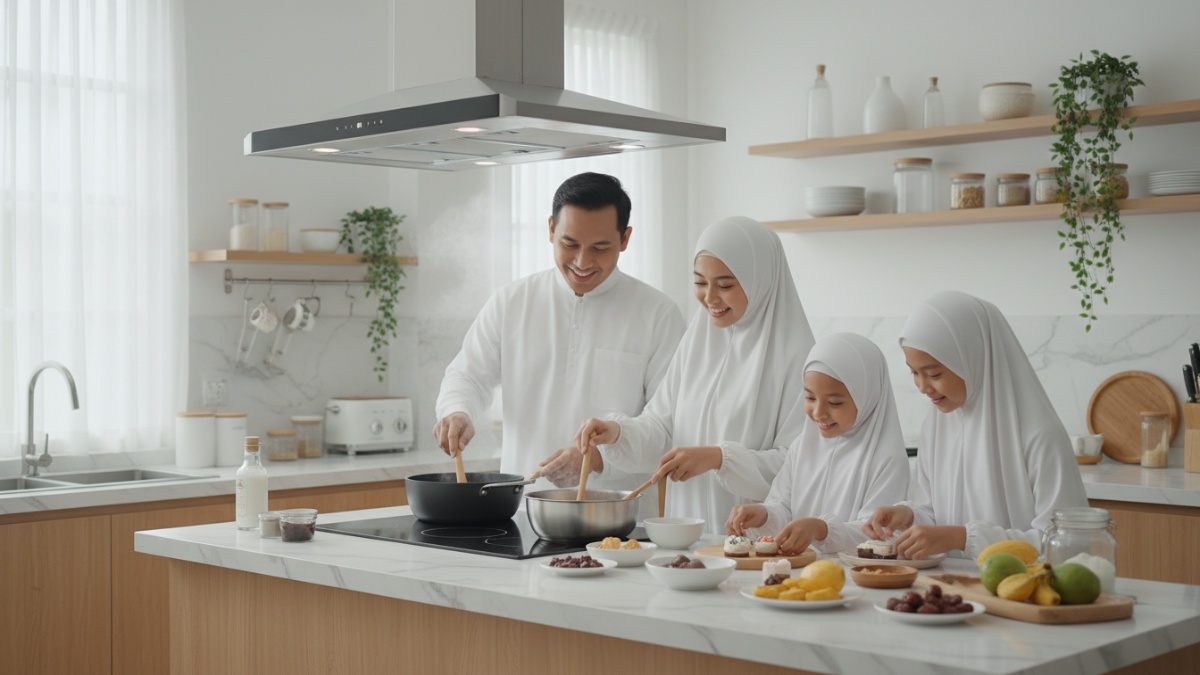 Aktivitas keluarga menyiapkan takjil bersama di dapur rumah Balikpapan yang terang dan rapi.