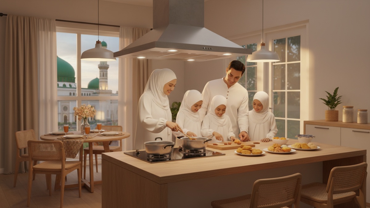 Konsep dapur terbuka yang terhubung dengan ruang makan saat Ramadan.