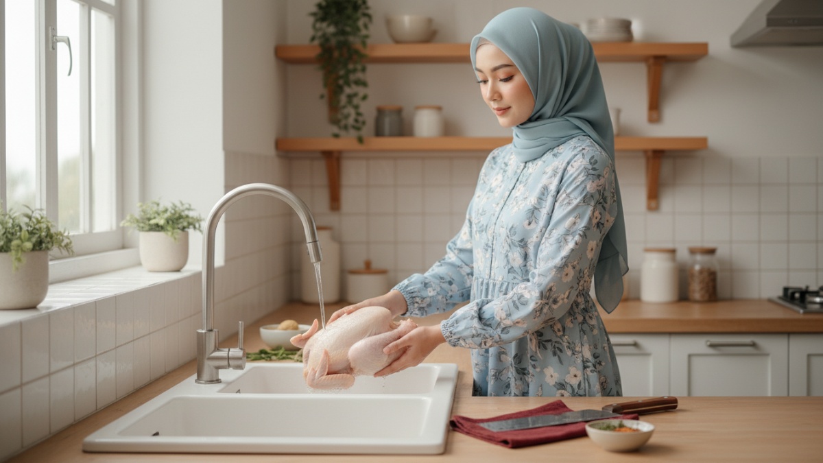 Persiapan memasak untuk berbuka puasa setelah ayam disembelih sesuai syariat Islam