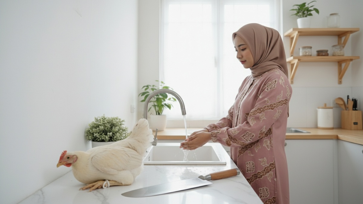 Ilustrasi wanita dengan persiapan ayam yang akan disembelih
